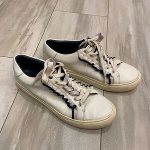 Tory Burch White Leather and Navy Blue Trimmed Ruffle Sneaker, women’s size 9.5